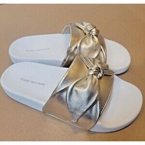 NEW Stuart Weitzman Bandeau Bow Gold White Pool Slide Sandals Womens 5 Youth 3.5